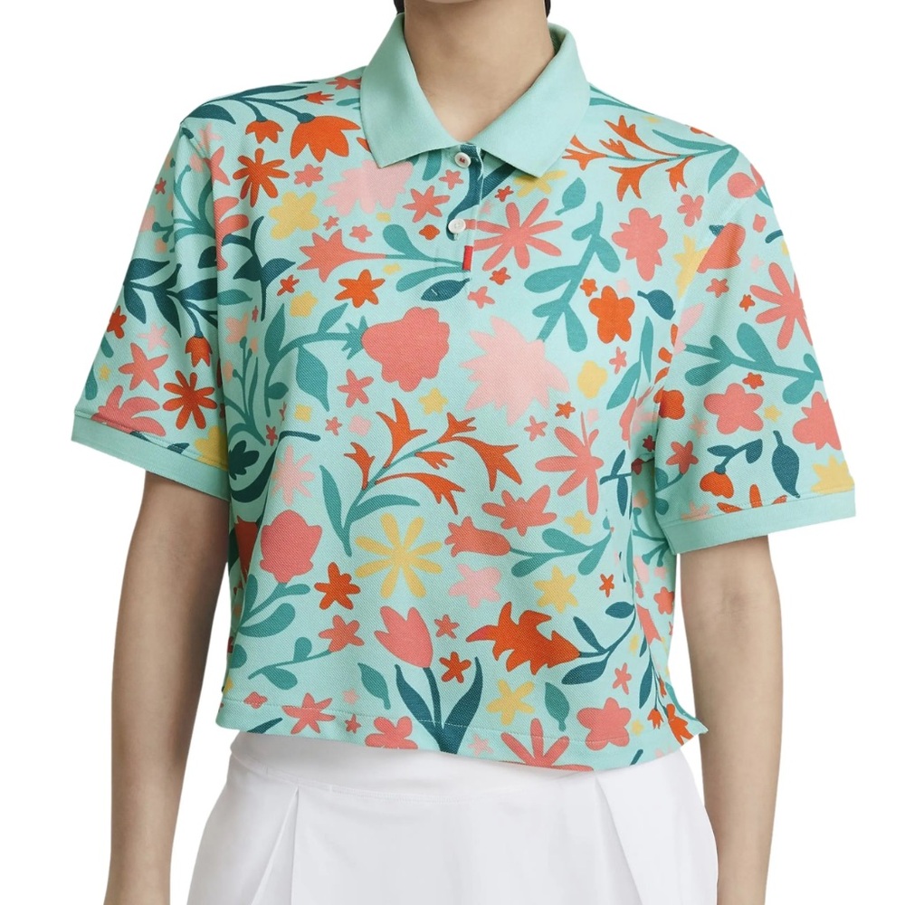 NWT NIKE THE POLO TEAL FLORAL TENNIS GOLF BOXY CROP POLO SHIRT S